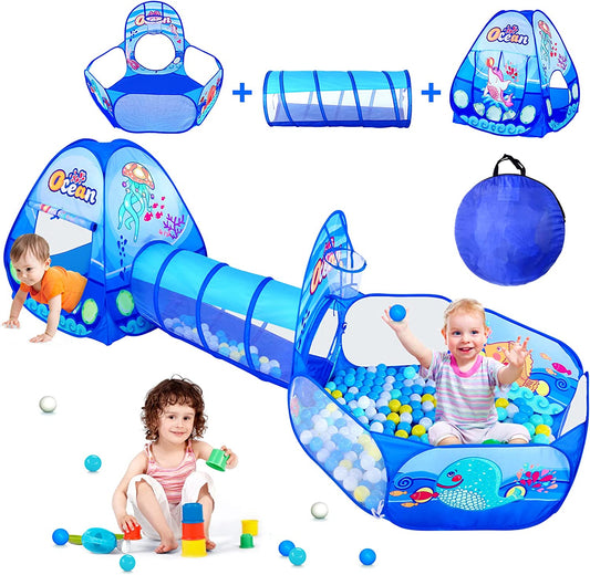 3 in 1 Kids Play Tent with Tunnel, Ball Pit, Basketball Hoop for Boys & Girls, Toddler Pop up Playhouse Toy Baby Indoor/Outdoor, Gift Year Old Child (3 Tent)