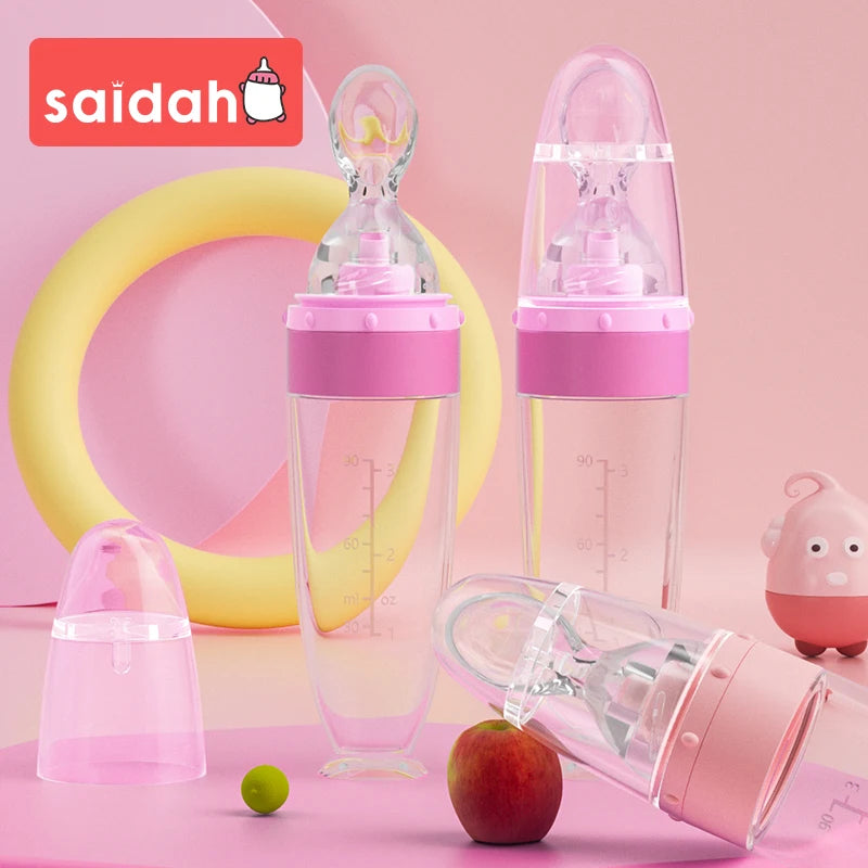 3 Oz/90Ml BPA Free Infant Baby Rice Paste Fruit Vegetable Full Silicone Squeeze Bottle Spoon Feeder