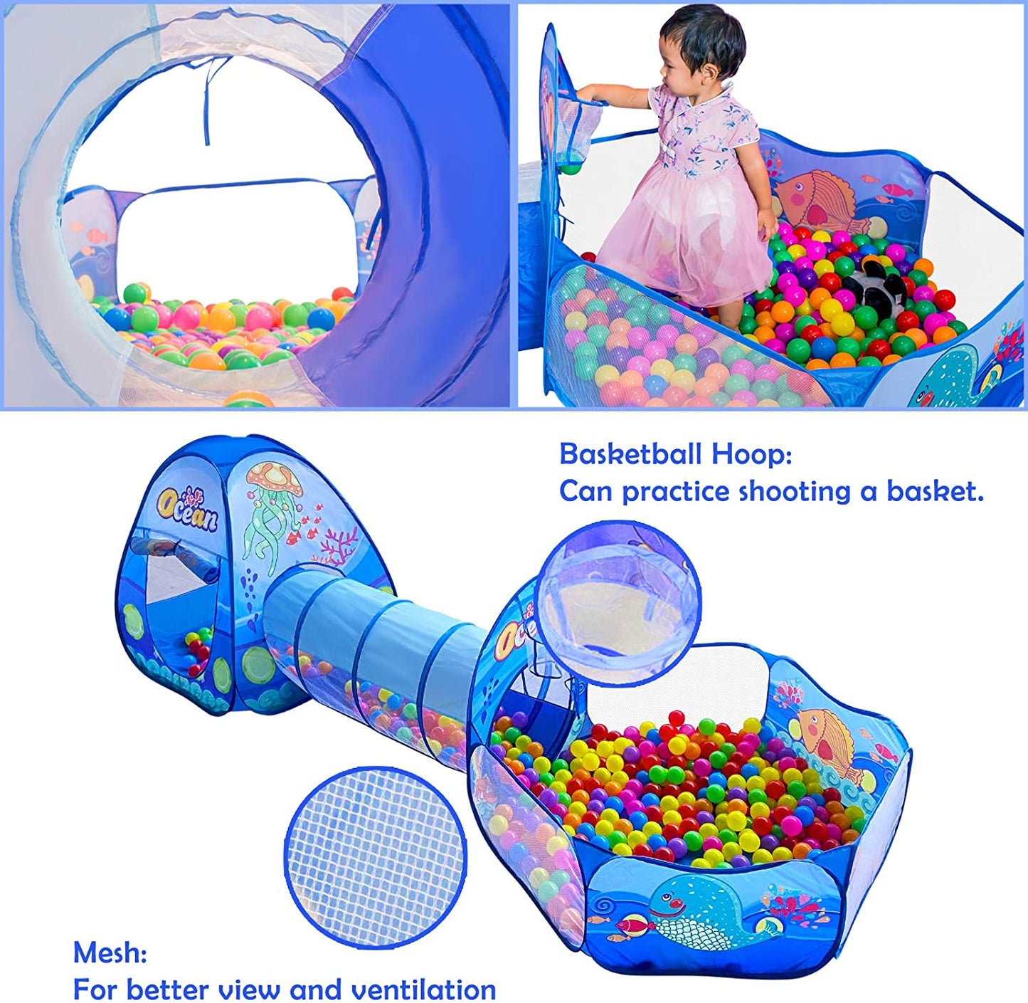 3 in 1 Kids Play Tent with Tunnel, Ball Pit, Basketball Hoop for Boys & Girls, Toddler Pop up Playhouse Toy Baby Indoor/Outdoor, Gift Year Old Child (3 Tent)