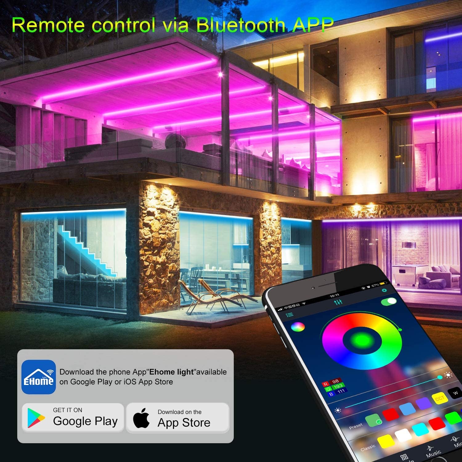 32.8Ft/10M LED Strip Lights,Music Sync Color Changing RGB LED Strip Built-In Mic, Bluetooth App Controlled LED Lights Rope Lights, 5050 RGB LED Light Strip(App+Remote+Mic+3 Button) (32.8FT)